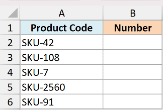 Excel spreadsheet showing a list of product codes in column A and an empty Number column B for LEN function testing