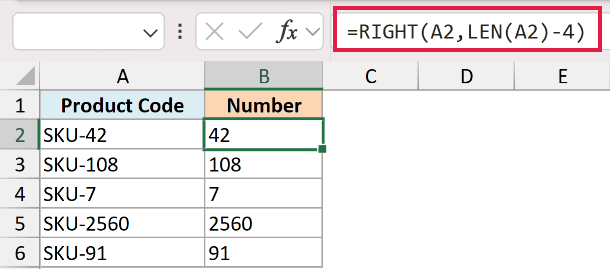 Excel formula =RIGHT(A2, LEN(A2)-4) in the formula bar, extracting numbers from SKU codes in column A to column B
