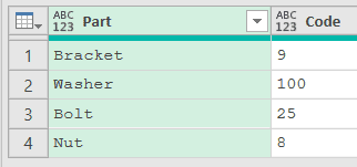 PartCodes table with a Part and a Code column stored as text