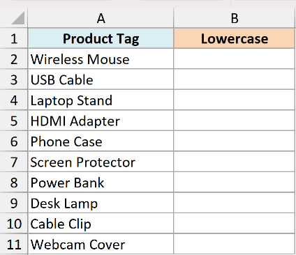 Excel sheet showing Product Tag column with mixed-case items and an empty Lowercase column for data conversion