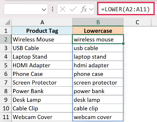 Excel formula bar showing =LOWER(A2:A11) to convert a column of product tags into lowercase text in column B