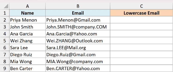 Excel table with columns for Name, Email containing mixed-case addresses, and an empty Lowercase Email column