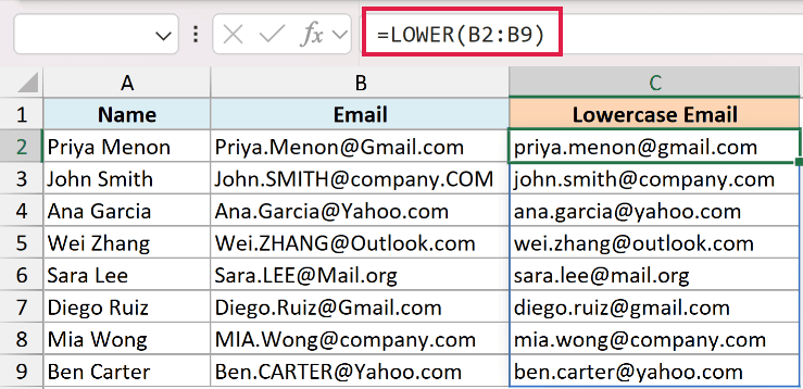 Excel formula =LOWER(B2:B9) converting mixed-case email addresses in column B to lowercase in column C