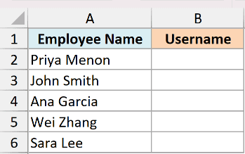 Excel dataset showing Employee Names in column A and an empty Username column B ready for lowercase conversion