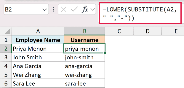 Excel formula using LOWER and SUBSTITUTE to convert employee names into lowercase URL slugs in column B