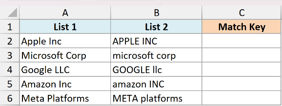 Excel table showing two lists of company names with inconsistent casing for comparison in a Match Key column