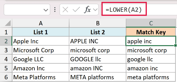 Excel formula bar showing =LOWER(A2) to convert company names in column A into a lowercase matching key in column C