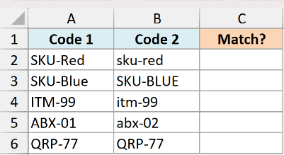 Excel table comparing two columns of mixed-case dataset codes to determine if they match