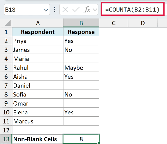 COUNTA formula in Excel returning 8 as the count of non-blank cells in the survey list
