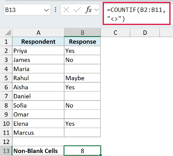 COUNTIF formula with the not-equal-to-blank criteria returning 8 non-blank cells
