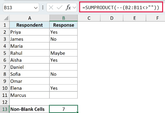 SUMPRODUCT formula returning 7 because the empty-string formula cell is not counted