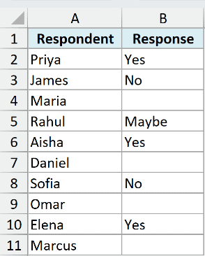 Survey responses in B2:B11 used to get a quick non-blank count from the status bar