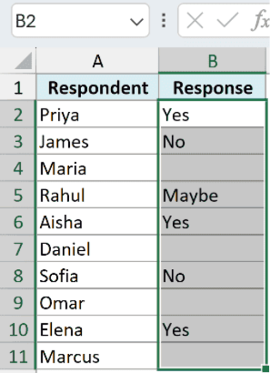 Range B2:B11 selected in Excel with the status bar at the bottom showing Count 8