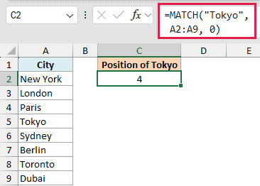 Excel formula bar showing exact MATCH function for Tokyo in range A2:A9, returning position 4 in cell C2