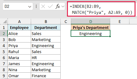 Excel formula bar showing an INDEX MATCH lookup function to find Priya's department in an employee table