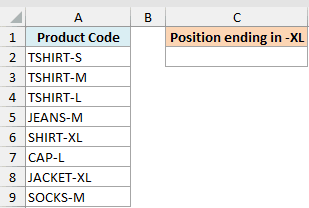 Excel dataset with product codes in column A and a header in column C for finding positions ending in -XL