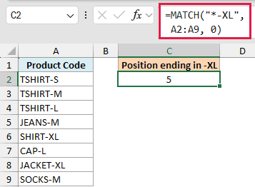 Excel formula bar showing MATCH function with asterisk wildcard to find the position of a product code ending in -XL