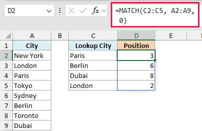 Excel formula =MATCH(C2:C5, A2:A9, 0) spilling results for multiple lookup values into cells D2 through D5