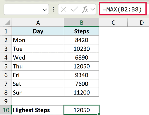 Excel formula =MAX(B2:B8) in the formula bar, finding the highest value in a column of daily step counts
