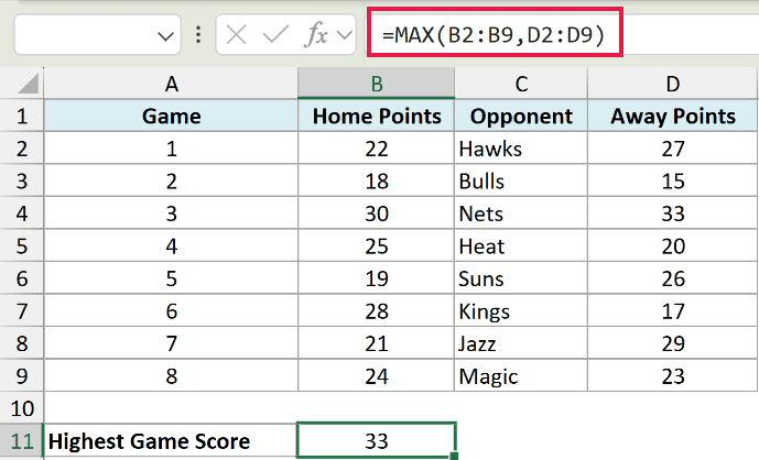 Excel formula =MAX(B2:B9,D2:D9) calculating the highest value across non-contiguous Home and Away points ranges