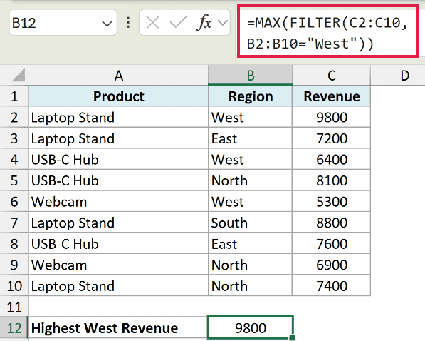 Excel formula bar showing MAX FILTER function to find the highest revenue for the West region in a product table
