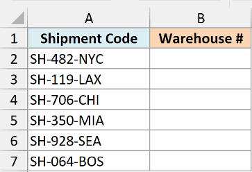 Excel table with Shipment Code in column A containing IDs like SH-482-NYC and empty Warehouse # cells in column B