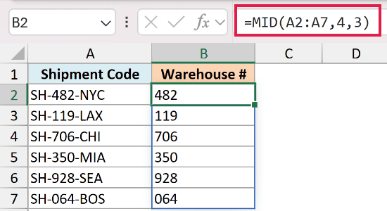 Excel formula =MID(A2:A7,4,3) extracting 3-digit warehouse numbers from shipment codes in column A to column B