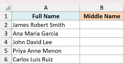Excel table with Full Name in column A and empty Middle Name cells in column B for a list of five names