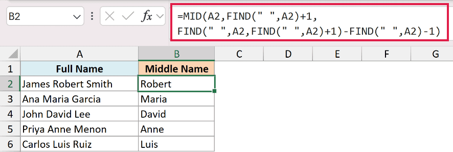 Excel formula using MID and FIND to extract a middle name from a full name in column A to column B
