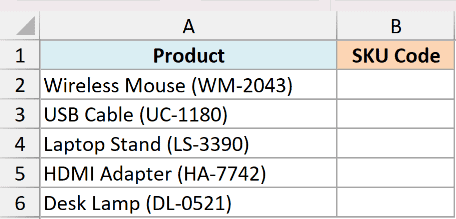 Excel dataset showing product names with SKU codes in parentheses in column A and empty SKU Code column B