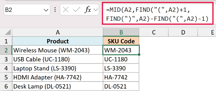 Excel formula using MID and FIND to extract SKU codes from text inside parentheses in column B
