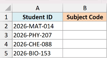 Excel table with Student ID column containing codes like 2026-MAT-014 and an empty Subject Code column