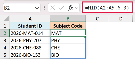 Excel formula bar showing MID function extracting subject codes from student ID strings in column A