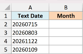 Excel table showing a column of text-formatted dates in column A and an empty Month column in B