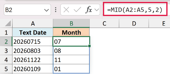 Excel formula =MID(A2:A5,5,2) used to extract month numbers from a column of text-formatted dates