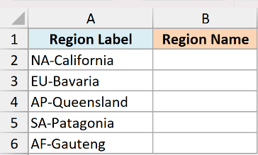 Excel dataset showing Region Label in column A with hyphenated codes and empty Region Name cells in column B