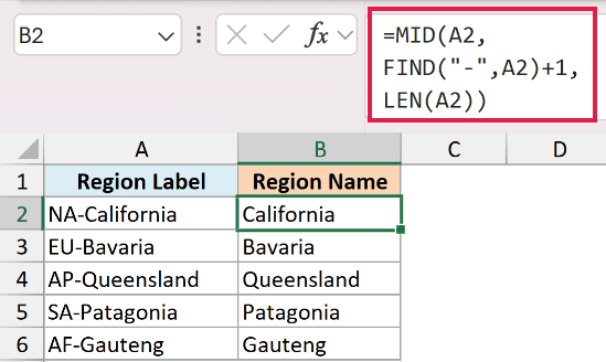 Excel formula using MID, FIND, and LEN to extract region names from text strings in column A to column B