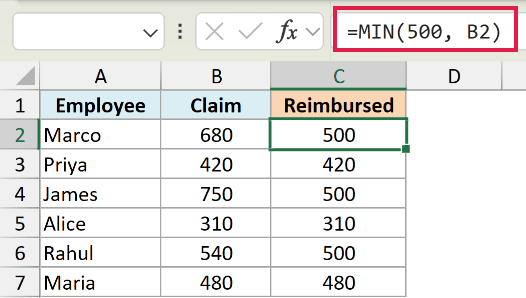 Excel formula =MIN(500, B2) used to cap reimbursement claims at 500 in column C