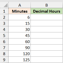 Excel table showing a dataset of minutes in column A and empty cells for decimal hours in column B