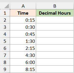 Excel dataset showing Time in column A and empty Decimal Hours column B for minutes hundredths conversion method 2