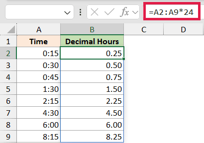 Excel formula =A2:A9*24 highlighted in the formula bar to convert time in column A to decimal hours in column B