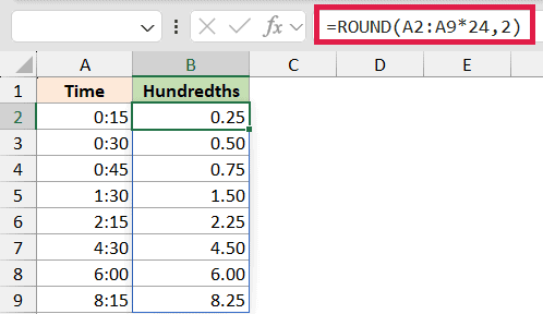 Excel formula bar showing =ROUND(A2:A9*24,2) to convert time in column A to decimal hundredths in column B