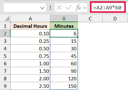 Excel formula =A2:A9*60 in formula bar converting decimal hours in column A to minutes in column B