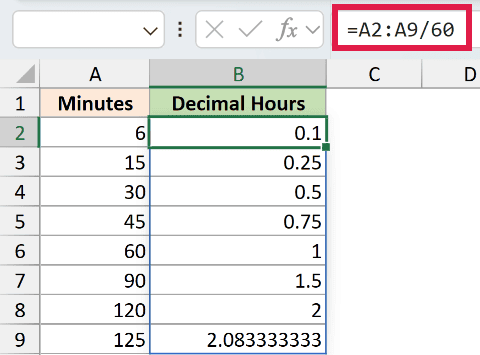 Excel formula bar showing =A2:A9/60 to divide minutes by 60, resulting in decimal hours in column B