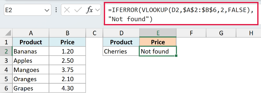 IFERROR wrapped around VLOOKUP showing Not found instead of the #N/A error
