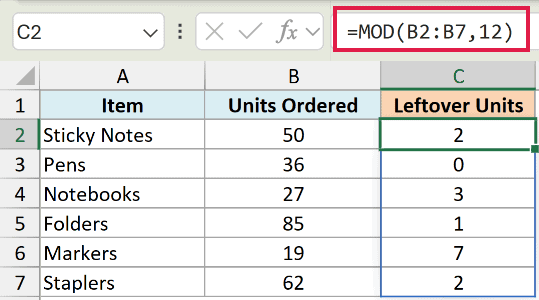Excel formula bar showing =MOD(B2:B7,12) applied to a table calculating remainder of units ordered in column C