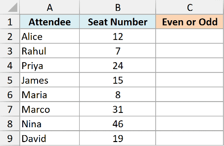 MOD 03 dataset showing an Excel table with columns for Attendee, Seat Number, and an empty Even or Odd column
