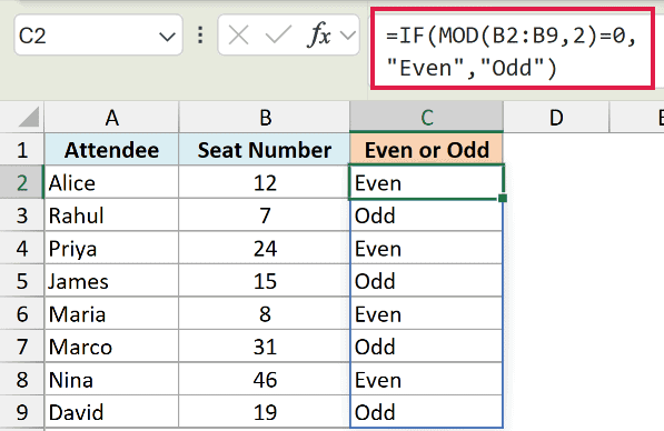 MOD inside IF labelling each seat Even or Odd