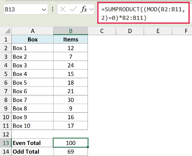 Excel formula using SUMPRODUCT and MOD to calculate the total of even numbers in a column of data