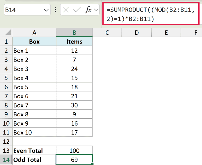 Excel formula using MOD to calculate the sum of odd numbers in a list, with the result 69 highlighted in cell B14